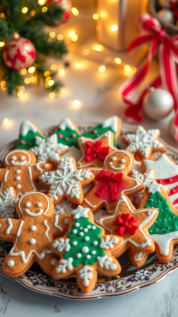 An assortment of decorated Christmas cookies on a platter with festive lights in the background.